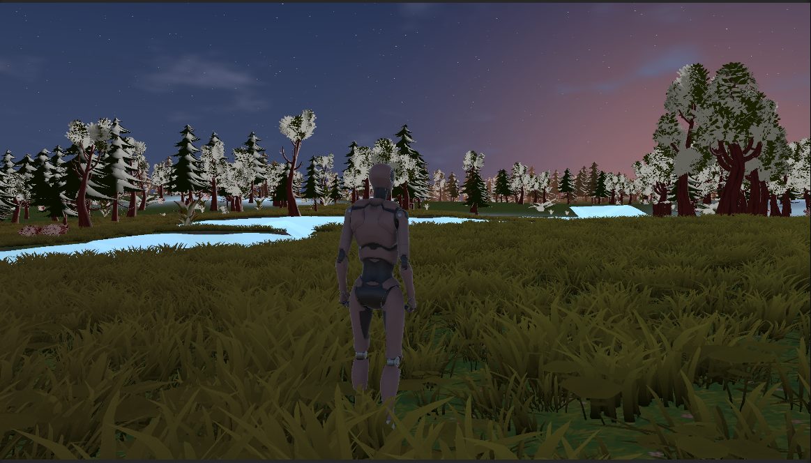A player character standing in tall grass at dusk, looking across the moor